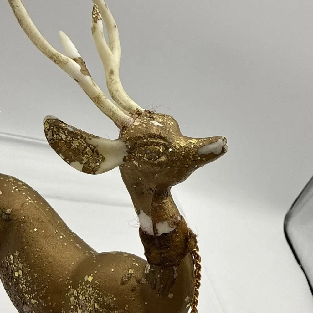 Vintage 1960s MCM Hard Plastic Gold Glitter Christmas Reindeer Deer Buck READ